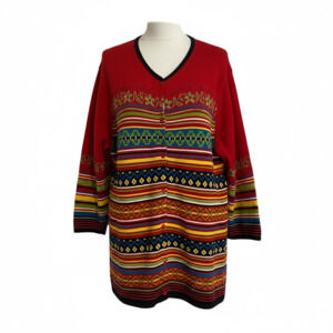 Vintage Evan Picone Red Yellow Striped Cardigan Size XL Cozy Cabincore